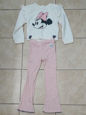 Minnie Mouse Pink 2 Piece Outfit Flare Ribbed Leggings Girl's Size 6